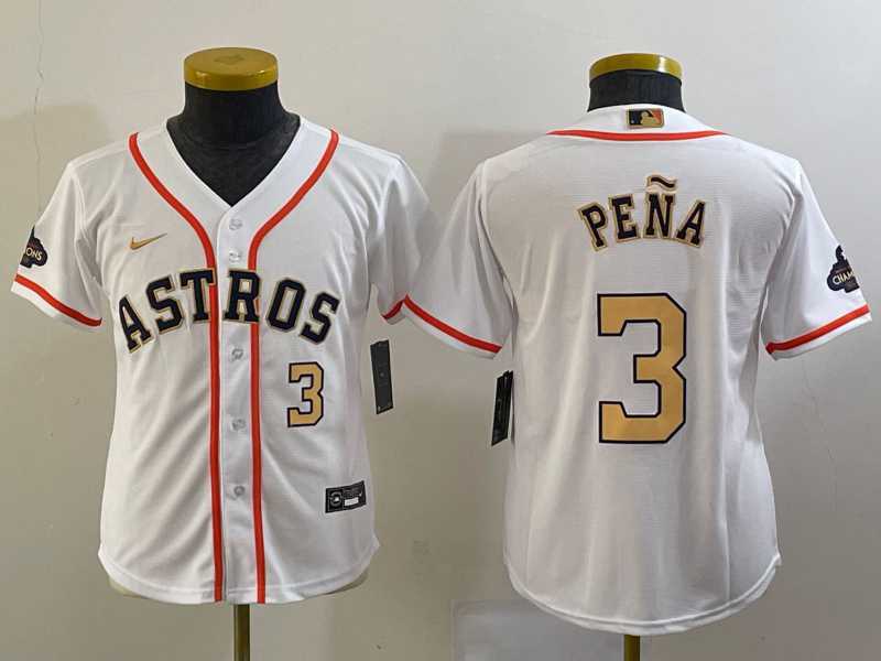 Youth Houston Astros #3 Jeremy Pena Number 2023 White Gold World Serise Champions Patch Cool Base Stitched Jersey->mlb youth jerseys->MLB Jersey